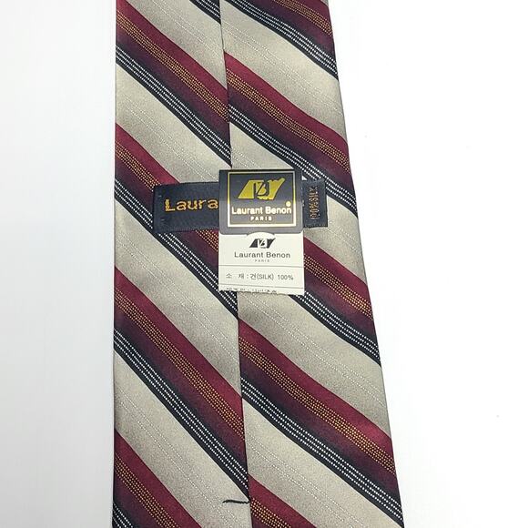 NWT Laurant Benon Paris Mens Neck Tie Red Black Taupe Stripes 58" - Picture 4 of 6